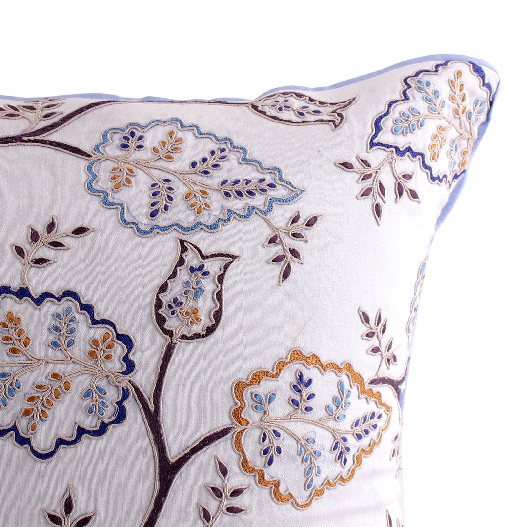 Tehzeeb White Embroidered Cotton Linen Cushion Cover - KHAABKA