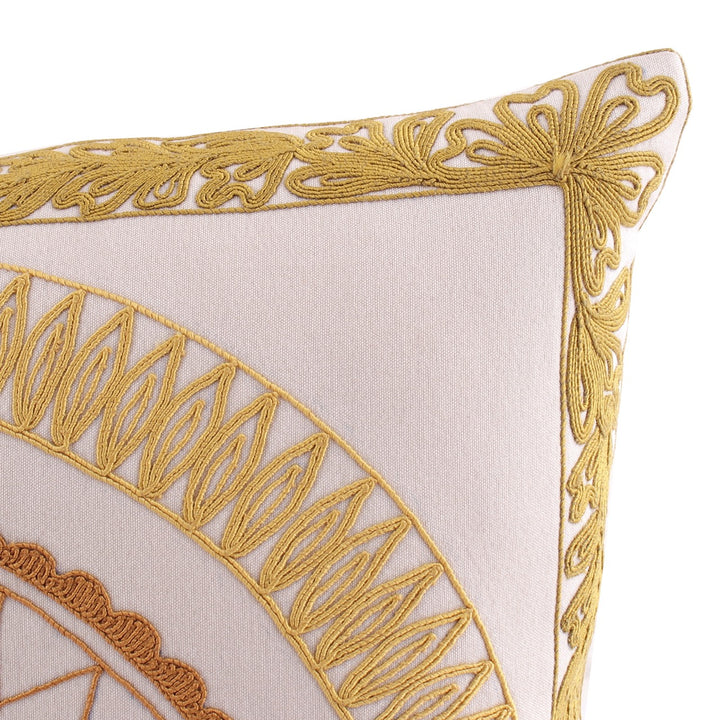 Tehzeeb Chakra Ivory Embroidered Cotton Linen Cushion Cover - KHAABKA