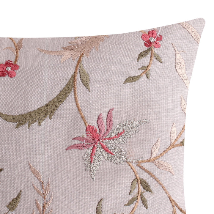 Guldasta Beige Floral Embroidered Cushion Cover - KHAABKA