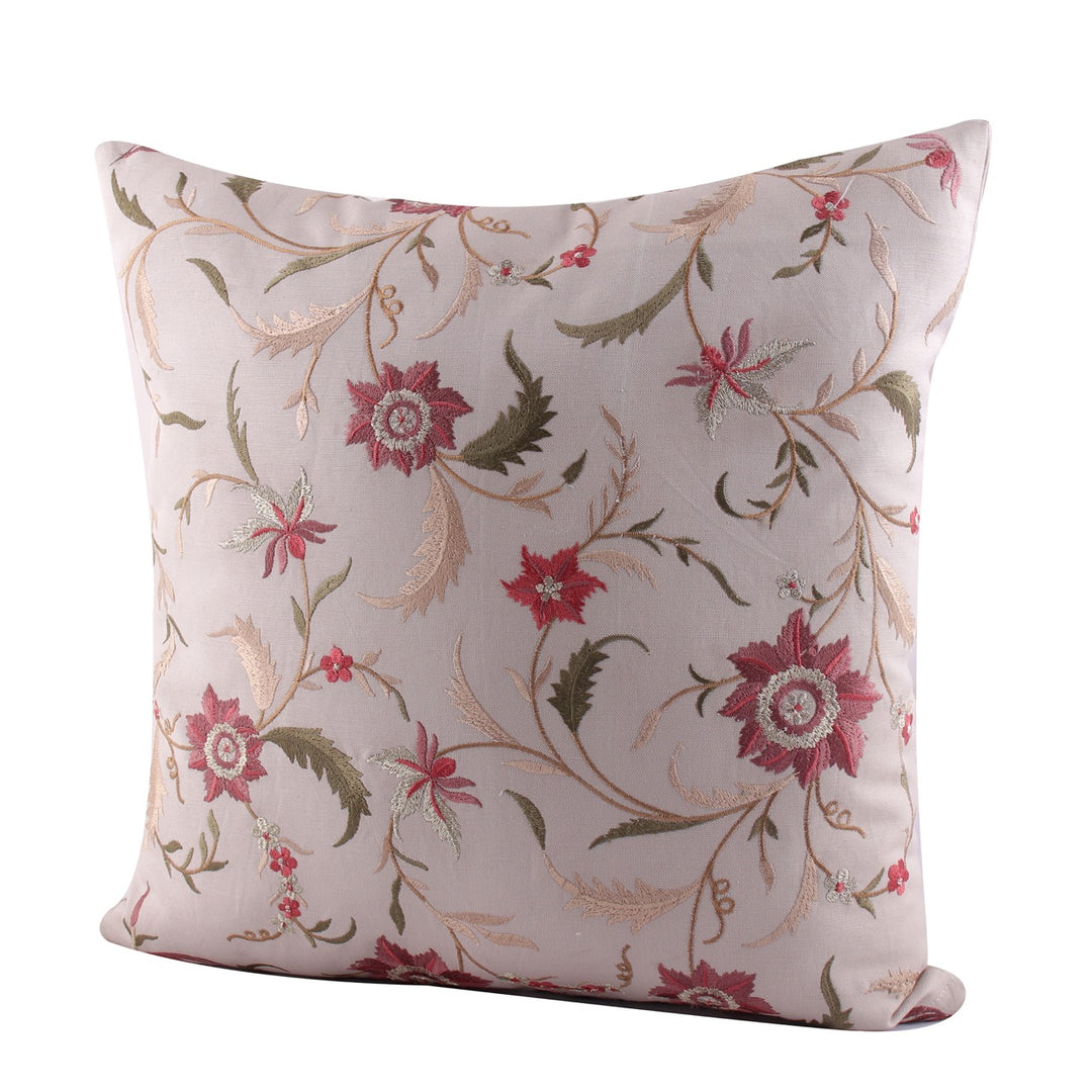 Guldasta Beige Floral Embroidered Cushion Cover - KHAABKA