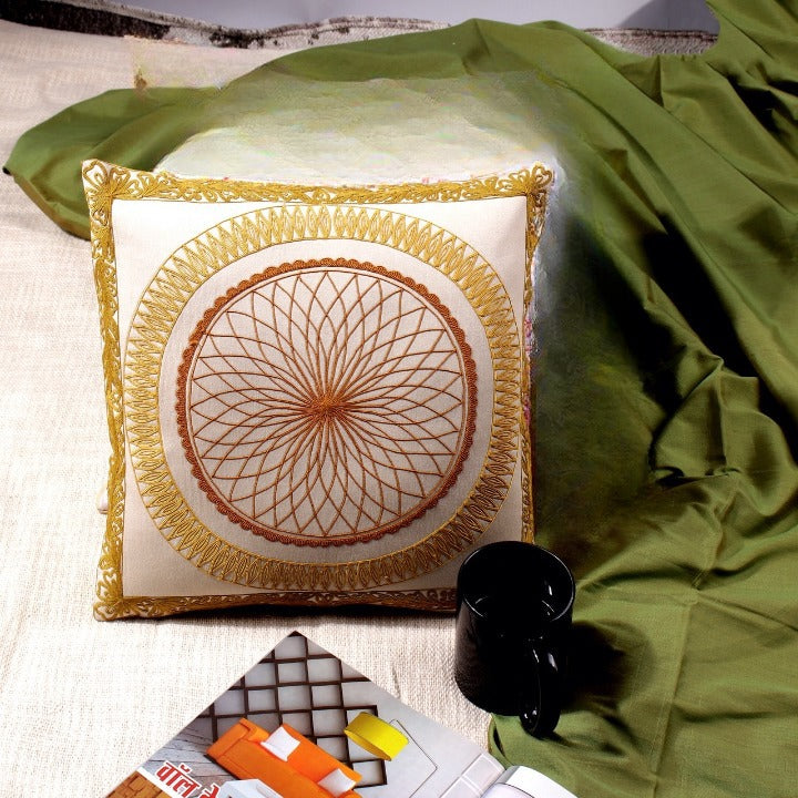 Tehzeeb Chakra Ivory Embroidered Cotton Linen Cushion Cover - KHAABKA