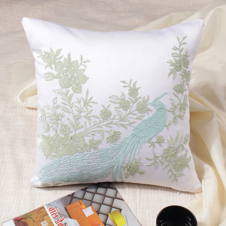 Silkroute Offwhite Silk Peacock Embroidery Cushion Cover - KHAABKA