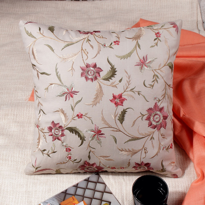 Guldasta Beige Floral Embroidered Cushion Cover - KHAABKA