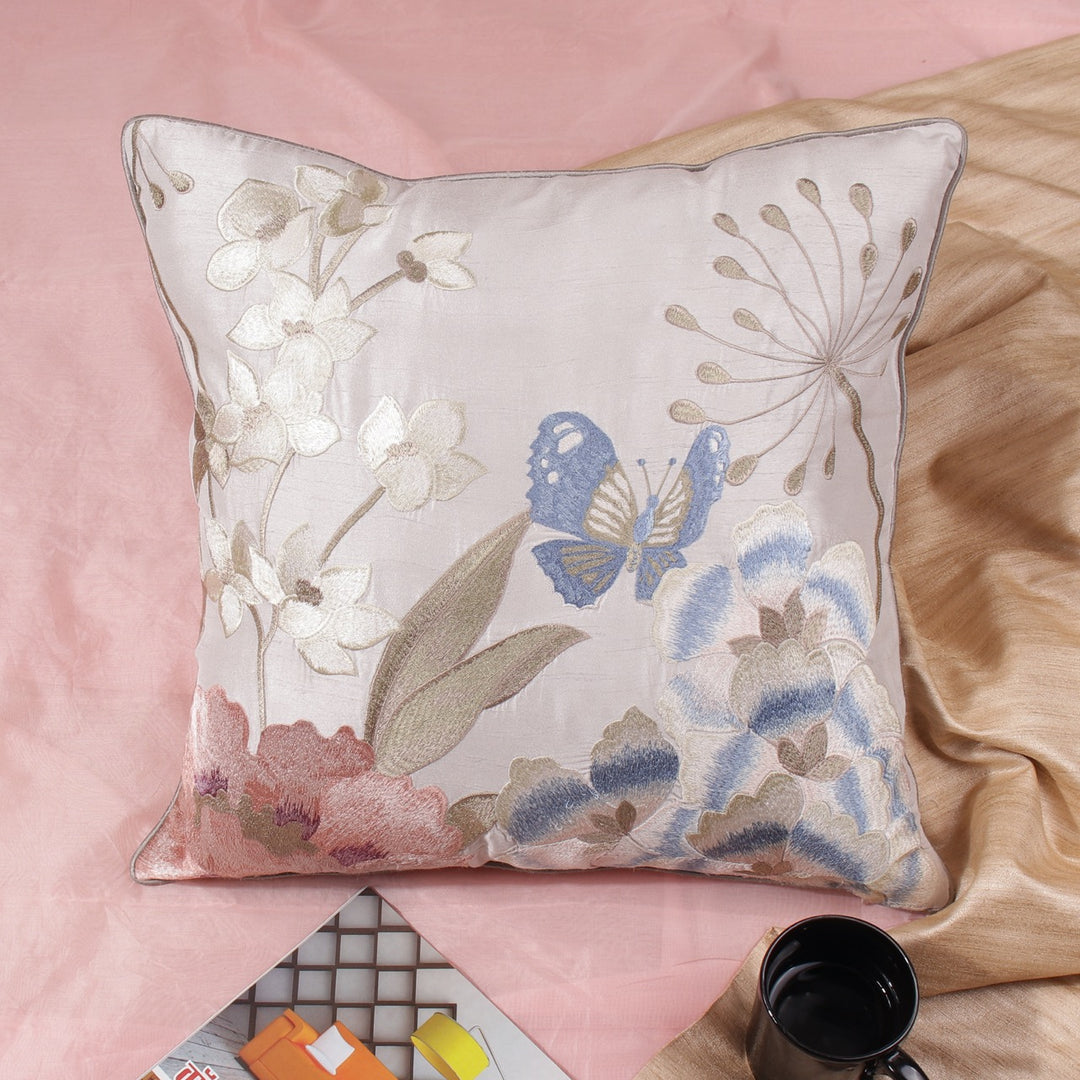Silkroute Silk Butterfly Embroidery Cushion Cover - KHAABKA