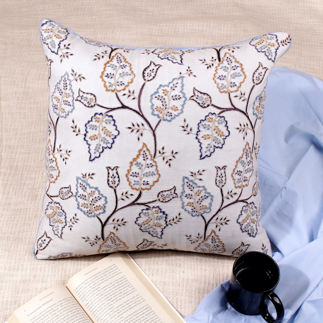 Tehzeeb White Embroidered Cotton Linen Cushion Cover - KHAABKA