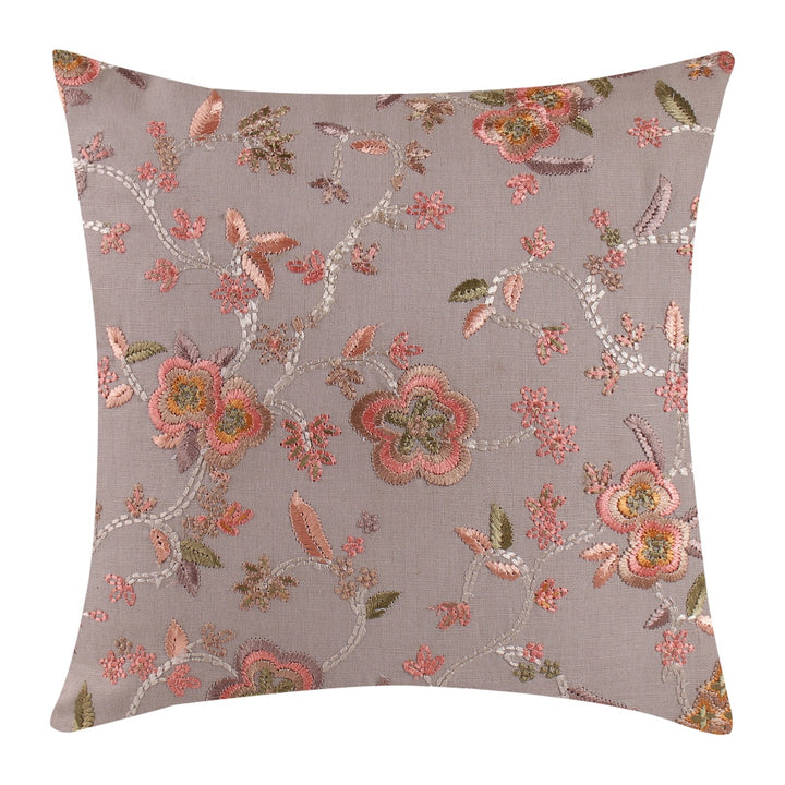 Guldasta Brown Floral Embroidered Cotton Linen Cushion Cover - KHAABKA