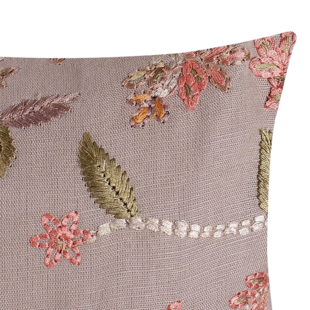 Guldasta Brown Floral Embroidered Cotton Linen Cushion Cover - KHAABKA