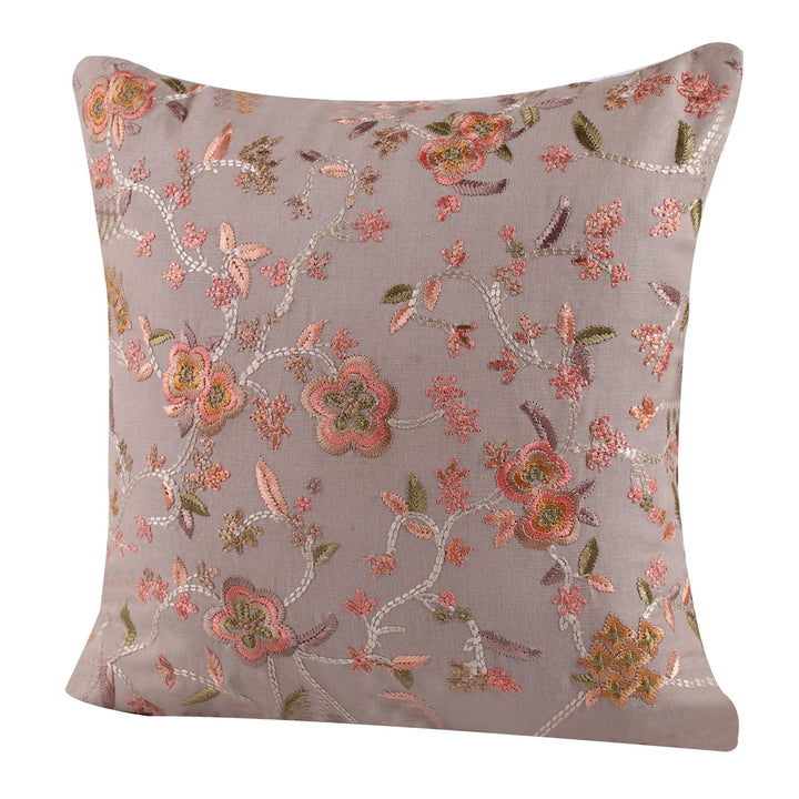 Guldasta Brown Floral Embroidered Cotton Linen Cushion Cover - KHAABKA