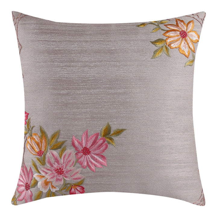 Guldasta Light Grey Jaquard Silk Floral Embroidered Cushion Cover - KHAABKA