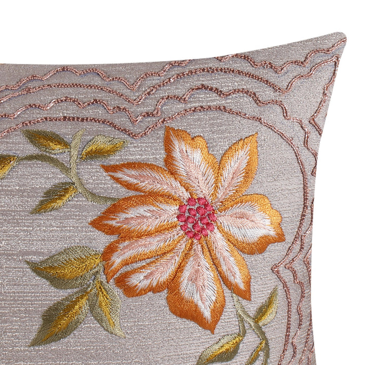 Guldasta Light Grey Jaquard Silk Floral Embroidered Cushion Cover - KHAABKA