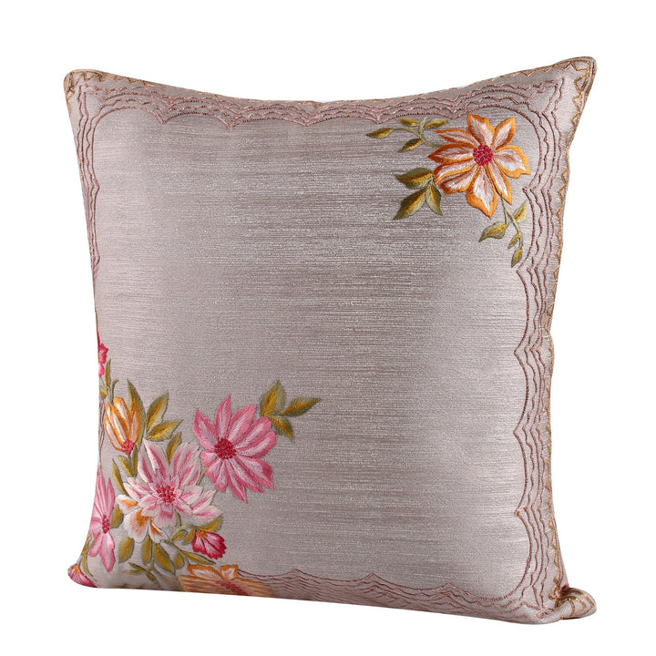 Guldasta Light Grey Jaquard Silk Floral Embroidered Cushion Cover - KHAABKA