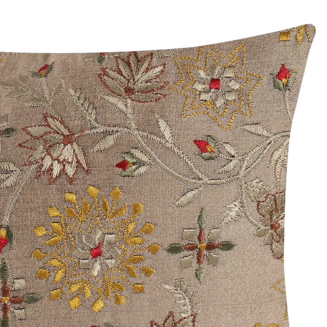Dilkash Khaaki Chanderi Silk Floral Embroidered Cushion Cover - KHAABKA