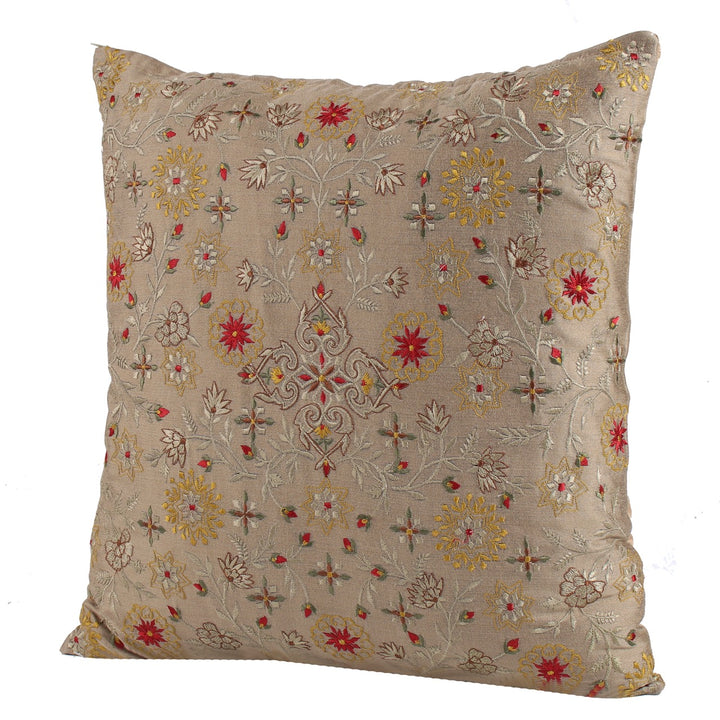 Dilkash Khaaki Chanderi Silk Floral Embroidered Cushion Cover - KHAABKA
