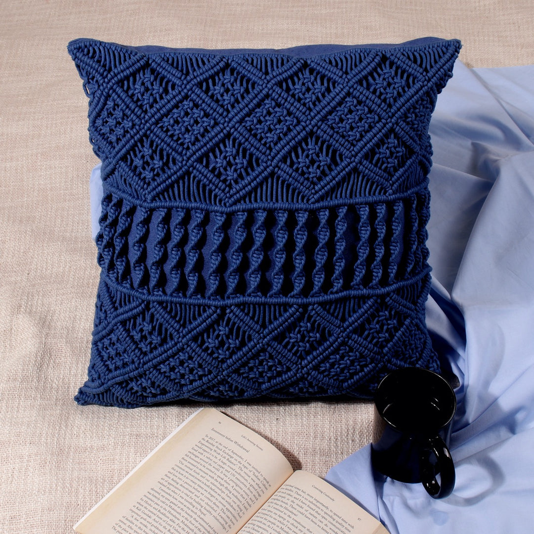 Dilkash Blue Crochet Handicrafted Cotton Cushion Cover - KHAABKA