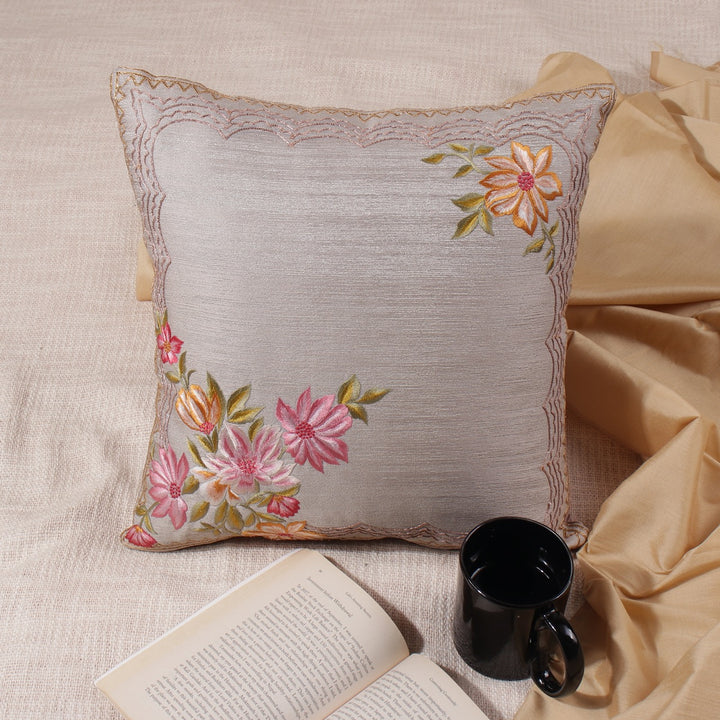 Guldasta Light Grey Jaquard Silk Floral Embroidered Cushion Cover - KHAABKA