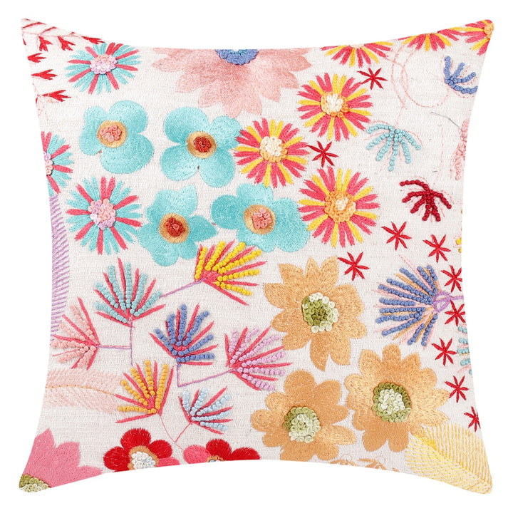 Guldasta Offwhite Cotton Linen Floral Embroidered Cushion Cover - KHAABKA