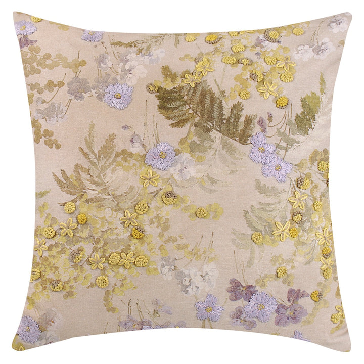 Dikash Beige Floral Cotton Linen Cushion Cover - KHAABKA