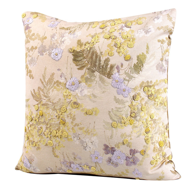 Dikash Beige Floral Cotton Linen Cushion Cover - KHAABKA