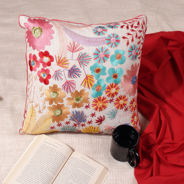 Guldasta Offwhite Cotton Linen Floral Embroidered Cushion Cover - KHAABKA