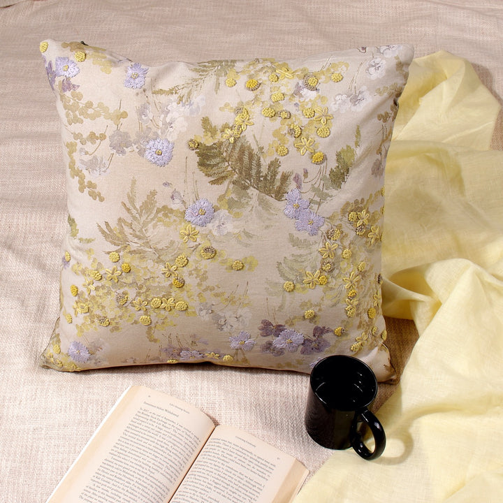 Dikash Beige Floral Cotton Linen Cushion Cover - KHAABKA