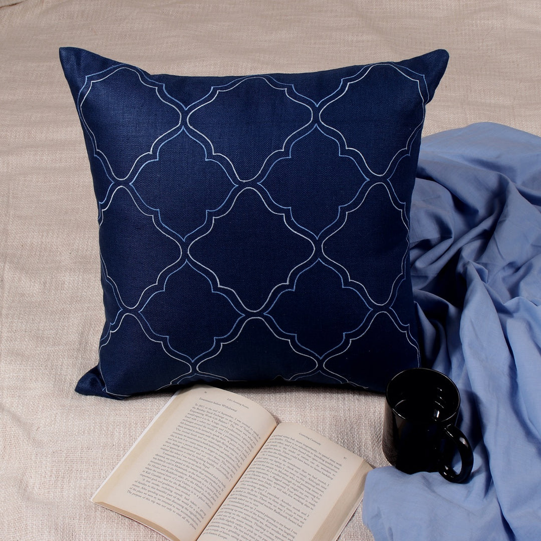 Dilkash Blue Arabic Cotton Linen Cushion Cover - KHAABKA