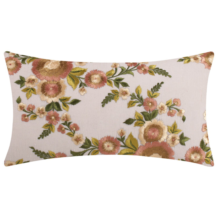 Guldasta Cream Floral Embroidered Cotton Linen Cushion Cover - KHAABKA