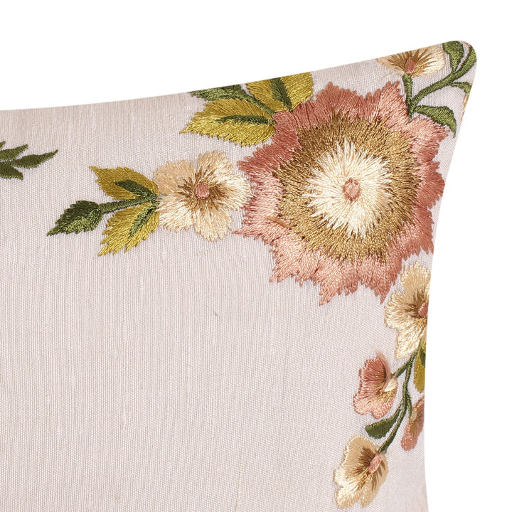 Guldasta Cream Floral Embroidered Cotton Linen Cushion Cover - KHAABKA