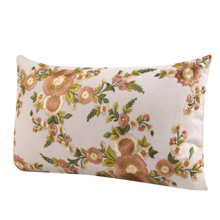 Guldasta Cream Floral Embroidered Cotton Linen Cushion Cover - KHAABKA