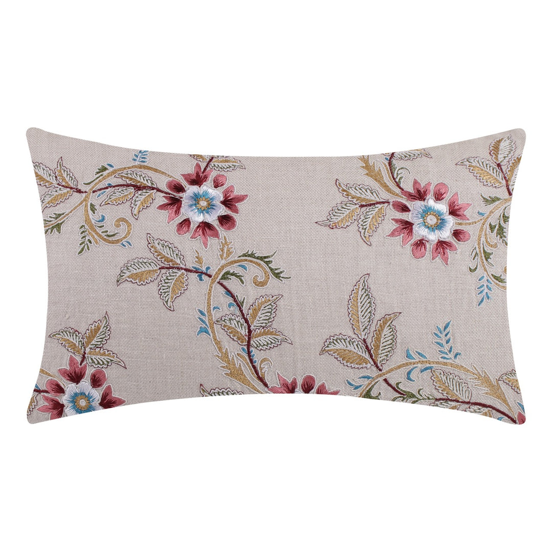 Guldasta Beige Floral Embroidered Cotton Linen Cushion Cover - KHAABKA