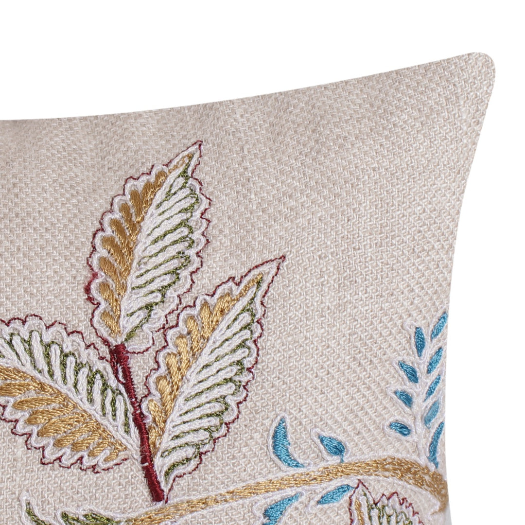 Guldasta Beige Floral Embroidered Cotton Linen Cushion Cover - KHAABKA