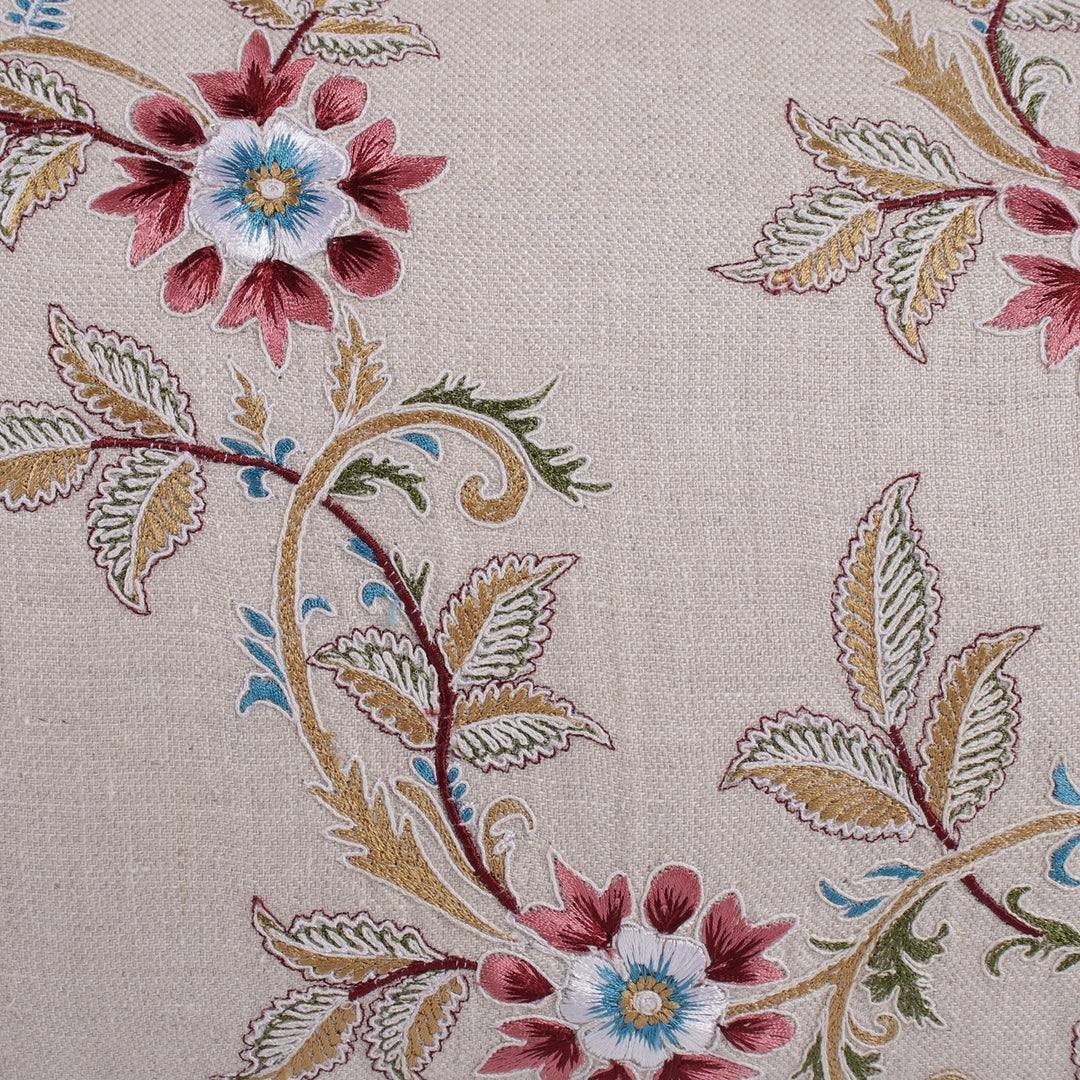 Guldasta Beige Floral Embroidered Cotton Linen Cushion Cover - KHAABKA