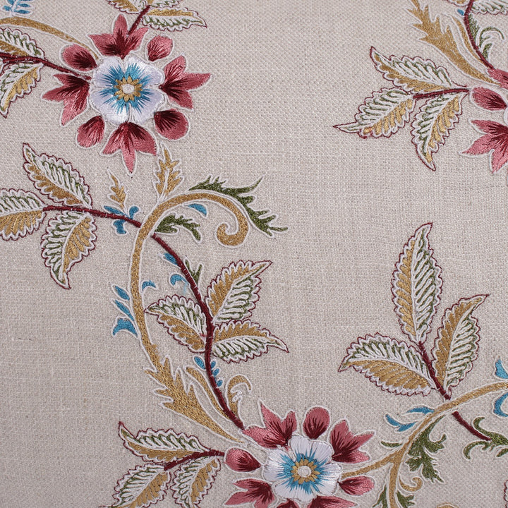 Guldasta Beige Floral Embroidered Cotton Linen Cushion Cover - KHAABKA