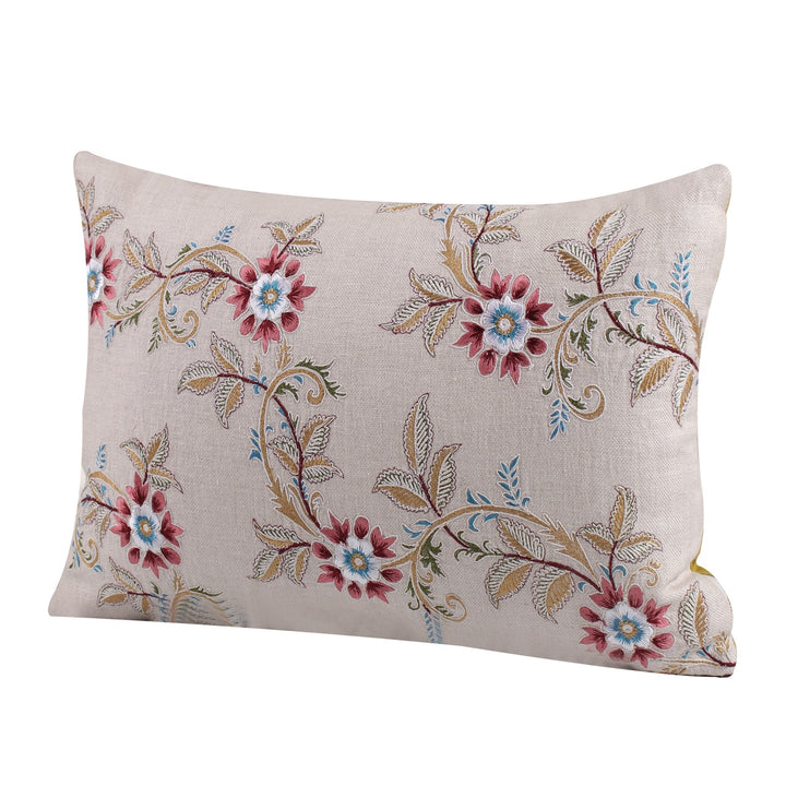 Guldasta Beige Floral Embroidered Cotton Linen Cushion Cover - KHAABKA