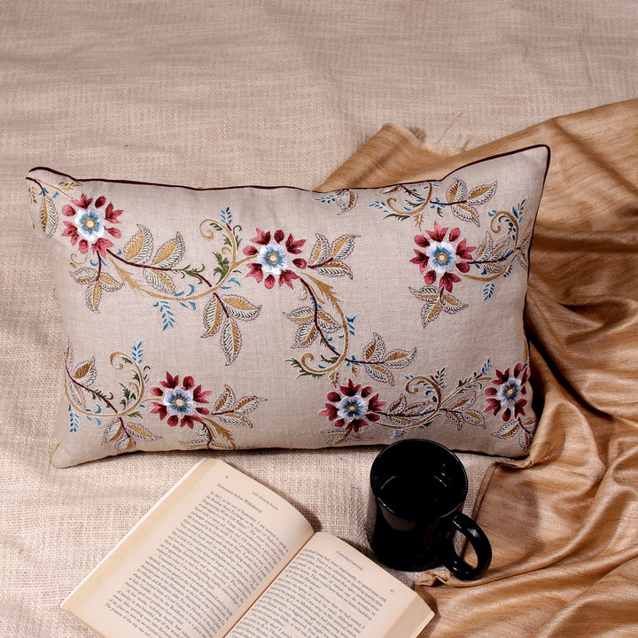 Guldasta Beige Floral Embroidered Cotton Linen Cushion Cover - KHAABKA