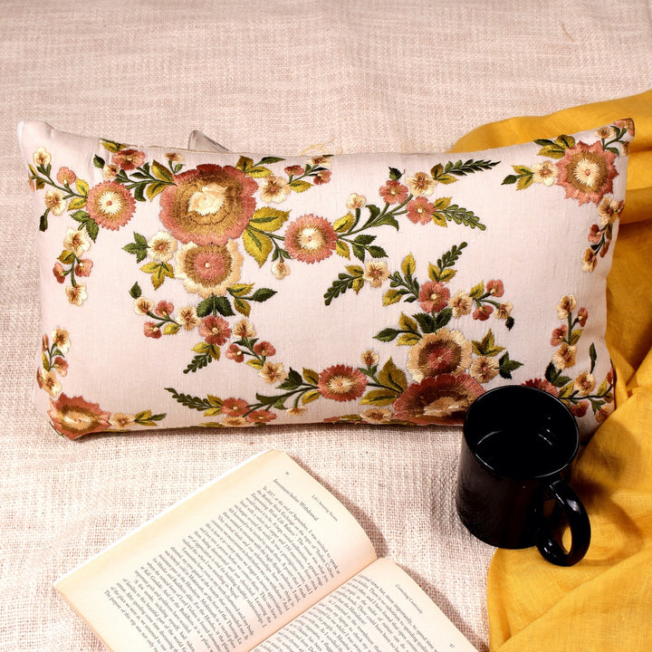 Guldasta Cream Floral Embroidered Cotton Linen Cushion Cover - KHAABKA