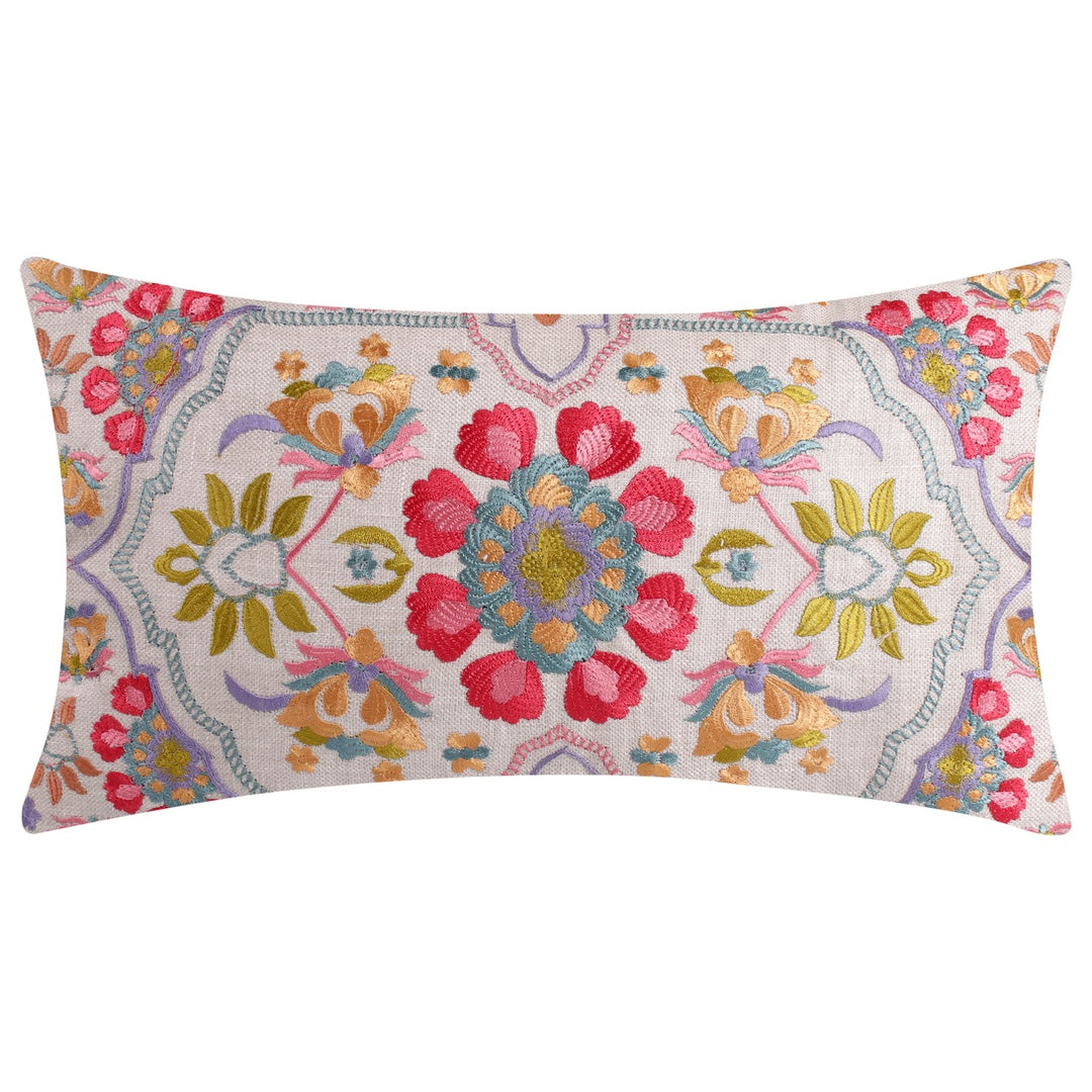 Guldasta Offwhite Cotton Linen Floral Embroidered Cushion Cover - KHAABKA