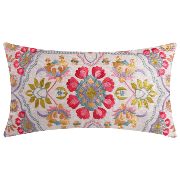 Guldasta Offwhite Cotton Linen Floral Embroidered Cushion Cover - KHAABKA