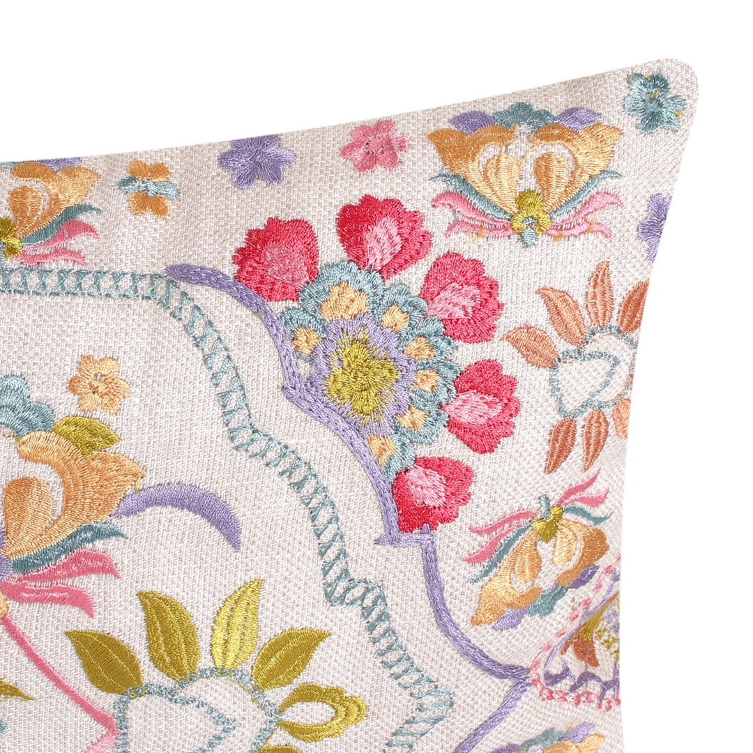 Guldasta Offwhite Cotton Linen Floral Embroidered Cushion Cover - KHAABKA