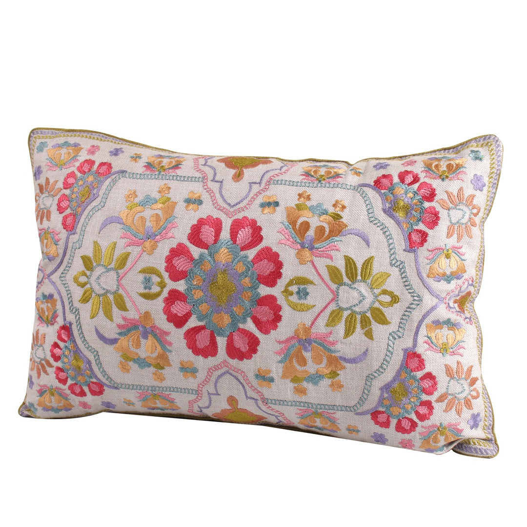 Guldasta Offwhite Cotton Linen Floral Embroidered Cushion Cover - KHAABKA