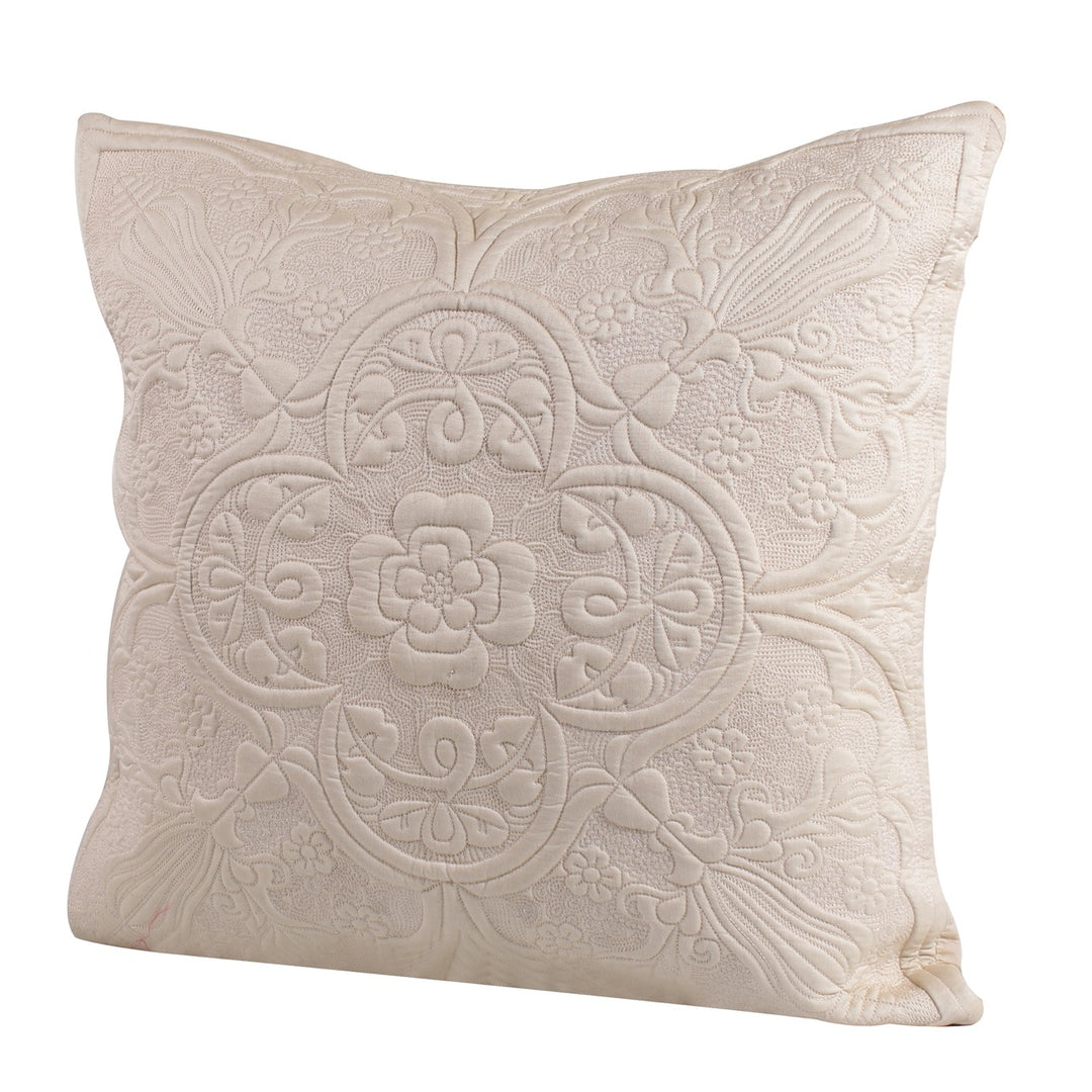 Dilkash Cream Embroidered Blended Silk Quilted Cushion Cover - KHAABKA