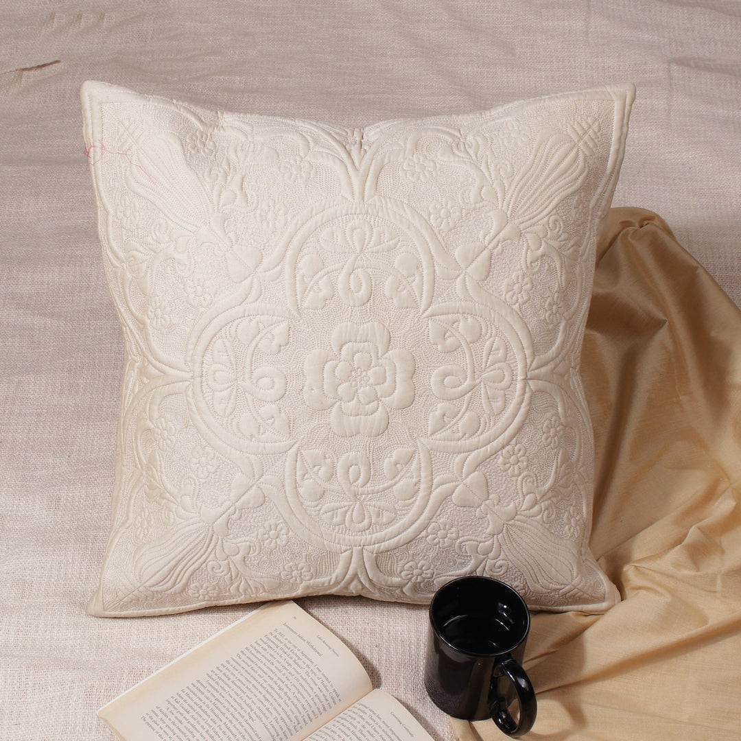 Dilkash Cream Embroidered Blended Silk Quilted Cushion Cover - KHAABKA