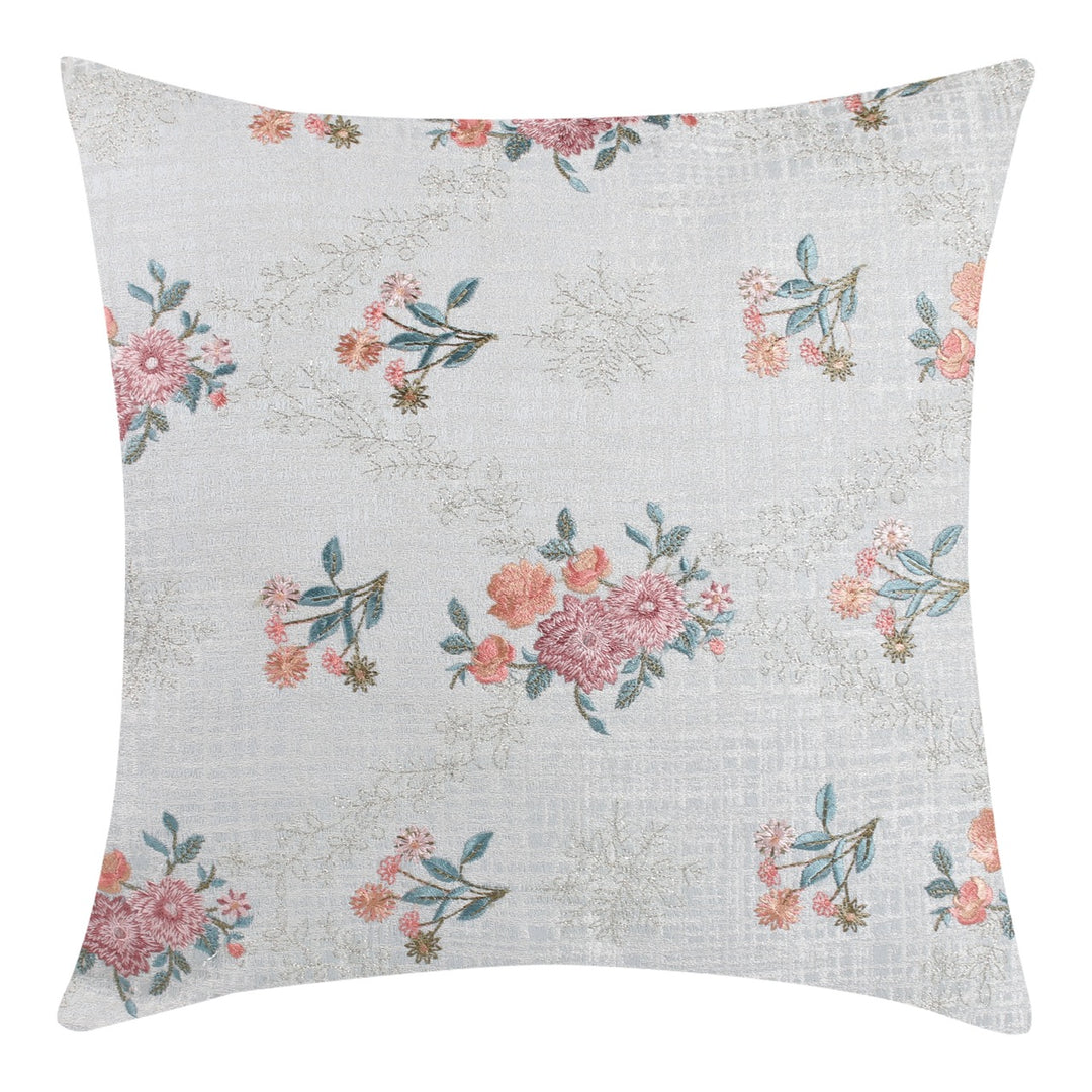 Guldasta Offwhite Floral Embroidered Brocade Silk Cushion Cover - KHAABKA