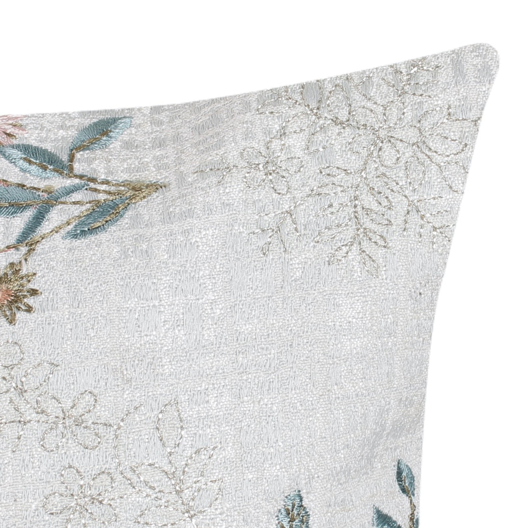 Guldasta Offwhite Floral Embroidered Brocade Silk Cushion Cover - KHAABKA