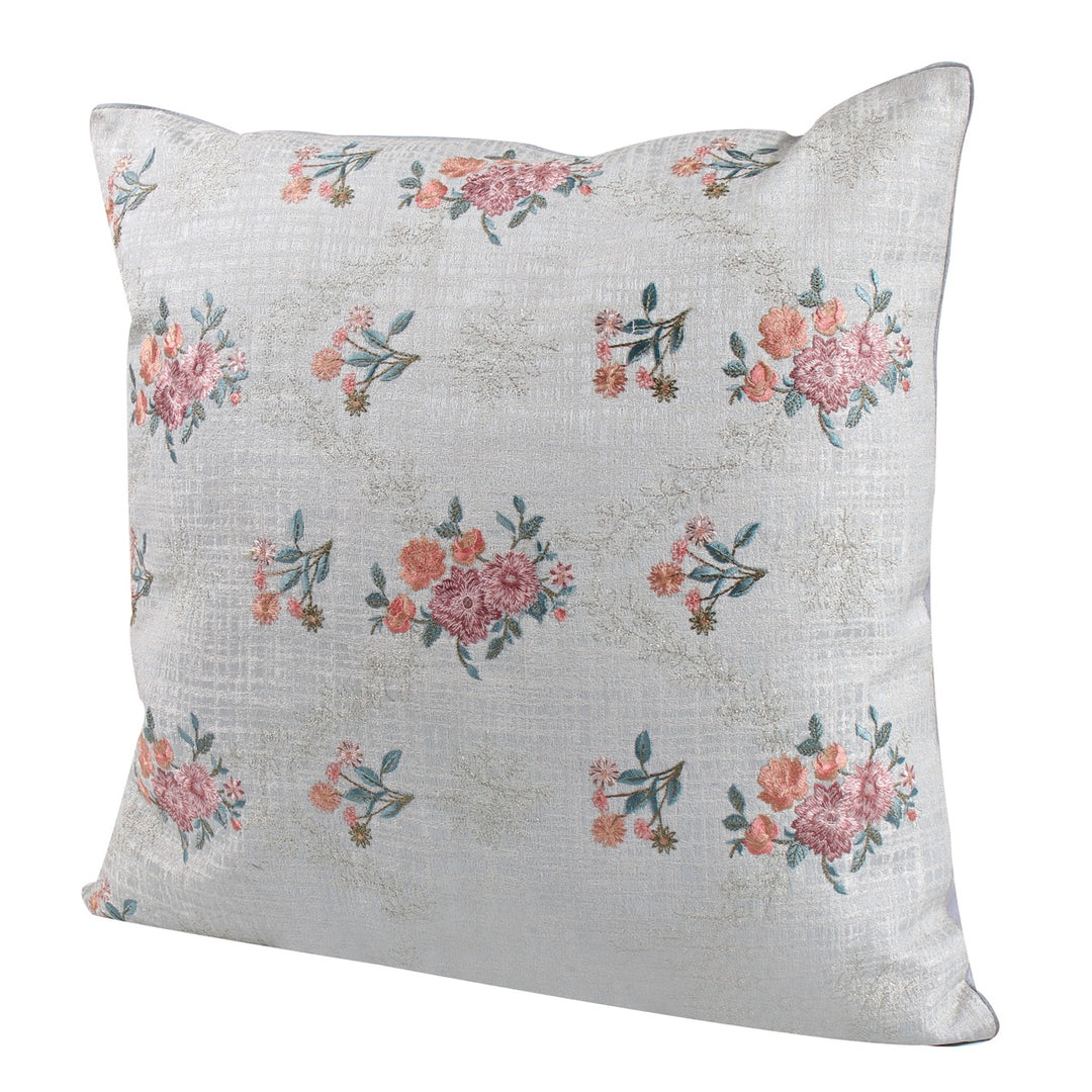 Guldasta Offwhite Floral Embroidered Brocade Silk Cushion Cover - KHAABKA