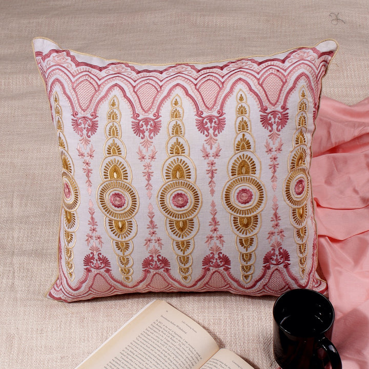 Tehzeeb Baby Pink Embroidered Cotton Linen Cushion Cover - KHAABKA