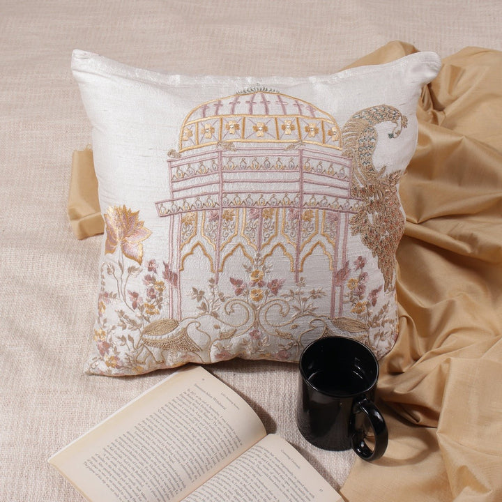 Banjara Silk Off - white Mehrab Embroidered Cushion Cover - KHAABKA