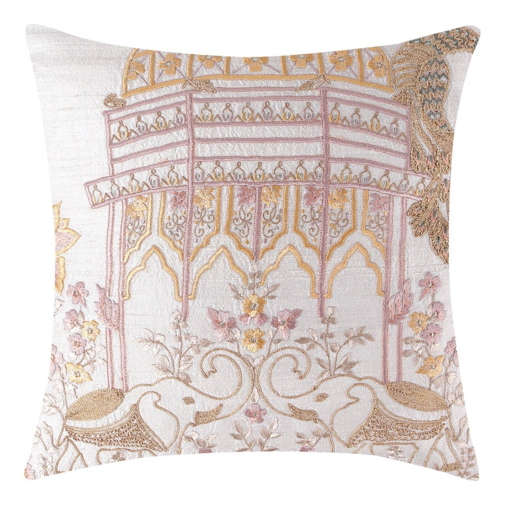 Banjara Silk Off - white Mehrab Embroidered Cushion Cover - KHAABKA