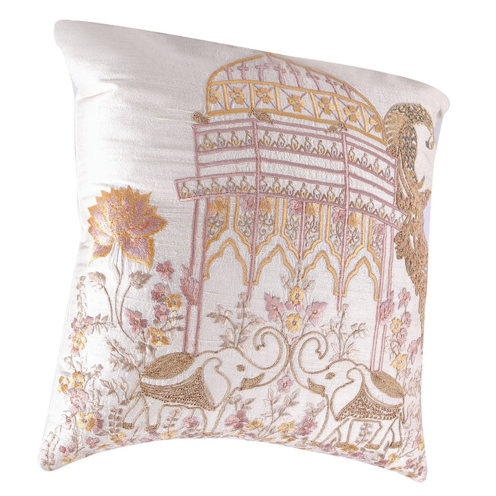 Banjara Silk Off - white Mehrab Embroidered Cushion Cover - KHAABKA