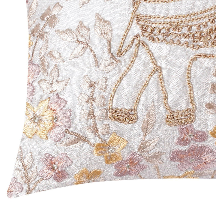 Banjara Silk Off - white Mehrab Embroidered Cushion Cover - KHAABKA