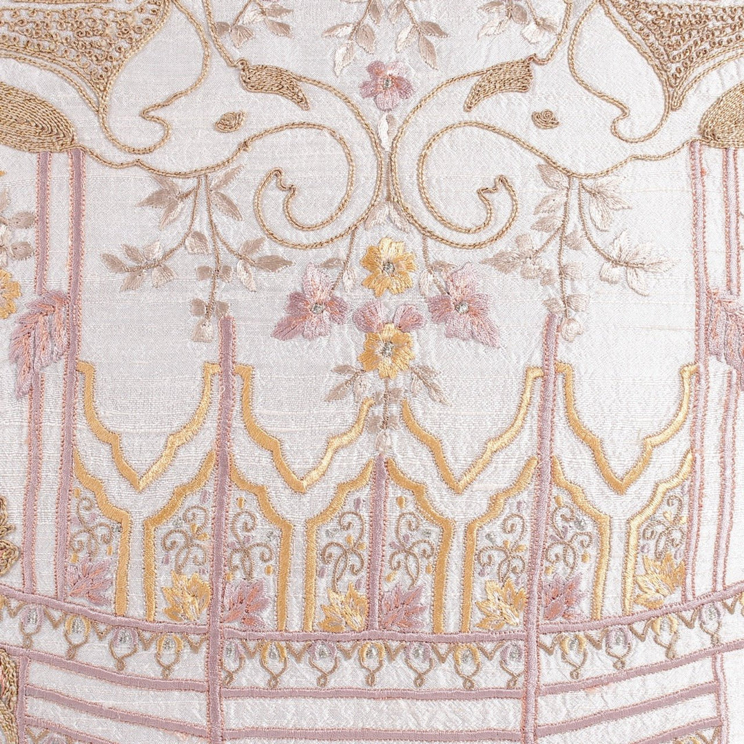 Banjara Silk Off - white Mehrab Embroidered Cushion Cover - KHAABKA